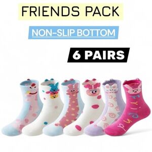 Girls Grip Animal Whimsical Funny Cartoon Anti-slip Crew Cotton Socks 5-8 YO 6pk